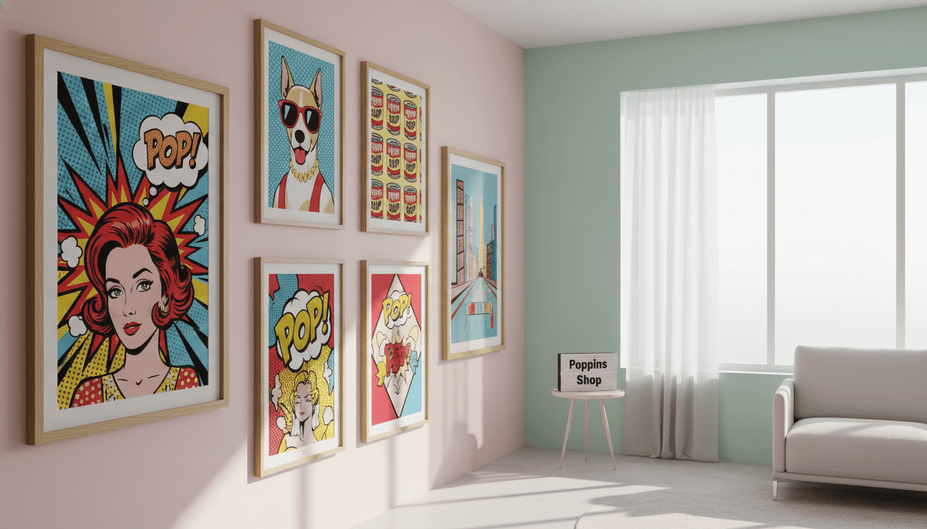 Vibrant pop art prints displayed within stylish wooden floating frames, showcasing bold colors and dynamic designs that capture the essence of pop culture. In the foreground, a close-up of a floating frame highlights its sleek edges, emphasizing the print's vibrant reds and yellows. The middle ground features a minimalist room with contrasting pastel-colored walls, tastefully arranged to complement the artwork. In the background, soft natural light filters through a large window, casting gentle shadows and enhancing the colors of the prints. The atmosphere is lively yet sophisticated, inviting viewers to appreciate the intricate details of each piece. Overall, the composition exudes a modern artistic flair, perfect for a gallery setting. Poppins Shop.