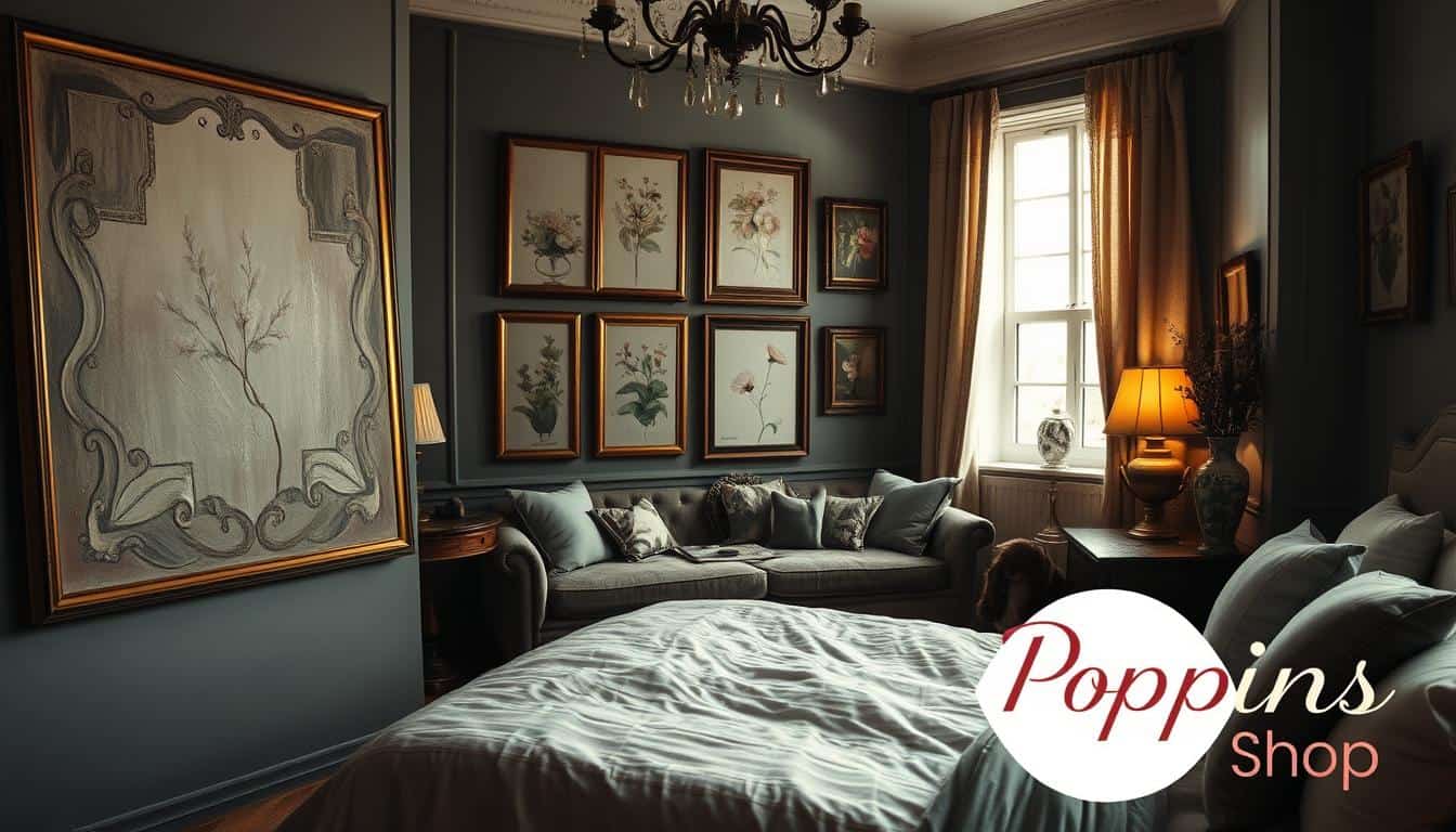 Vintage wall art depicting a moody bedroom sanctuary featuring elegant, classical elements. In the foreground, a richly textured oil painting inspired by Roberto Ferri, showcasing soft, muted colors that evoke a sense of intimacy and tranquility. The middle layer consists of a beautifully arranged gallery wall with ornate frames, incorporating delicate floral patterns and abstract shapes, blending perfectly with the surrounding decor. In the background, dimly lit, plush furnishings, vintage lamps with warm light, and understated textiles create an inviting atmosphere. The lighting should be soft and diffused, mimicking the golden hour glow, to amplify the serene mood. Shot from a slightly elevated angle to capture the depth of the room, this artwork reflects a harmonious, cozy sanctuary perfect for relaxation. Include branding from "Poppins Shop" subtly integrated into the artwork.