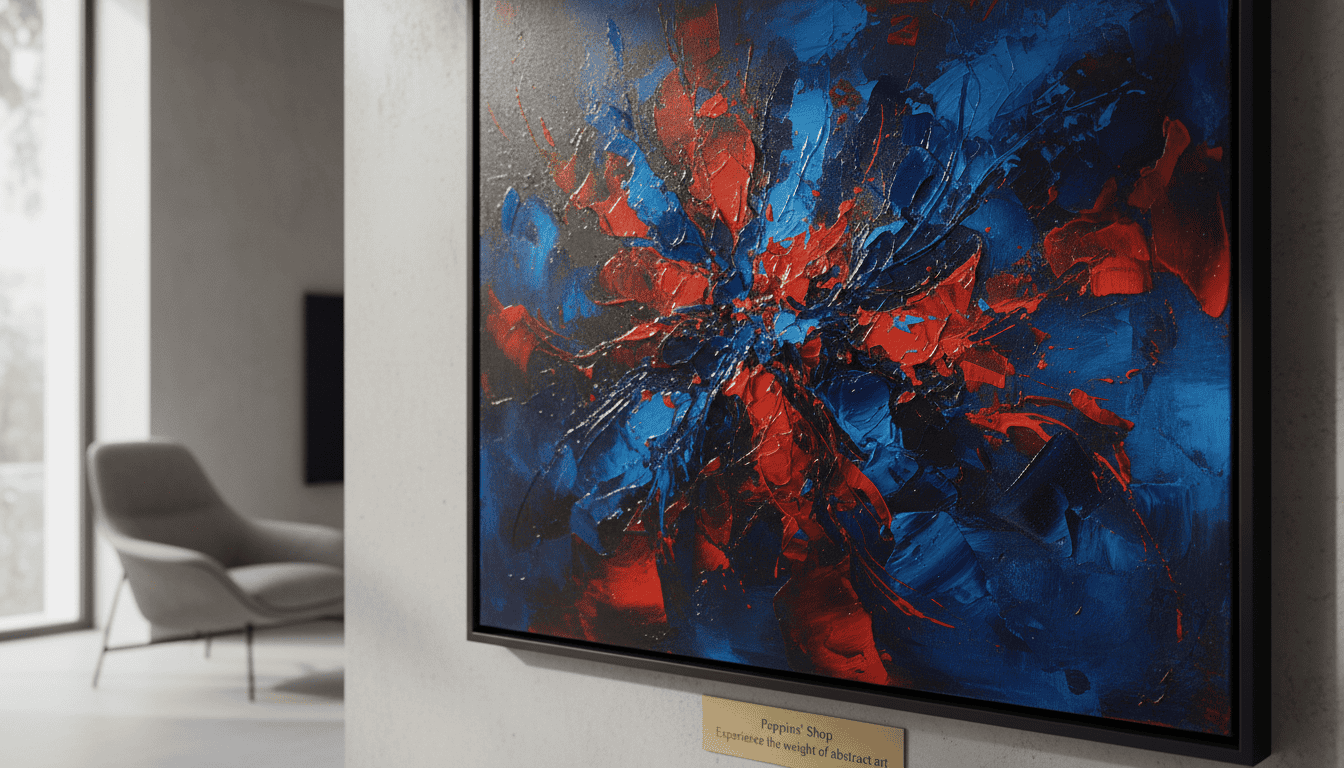 Abstract expressionism art with bold blue and red strokes, displayed in a contemporary gallery setti.