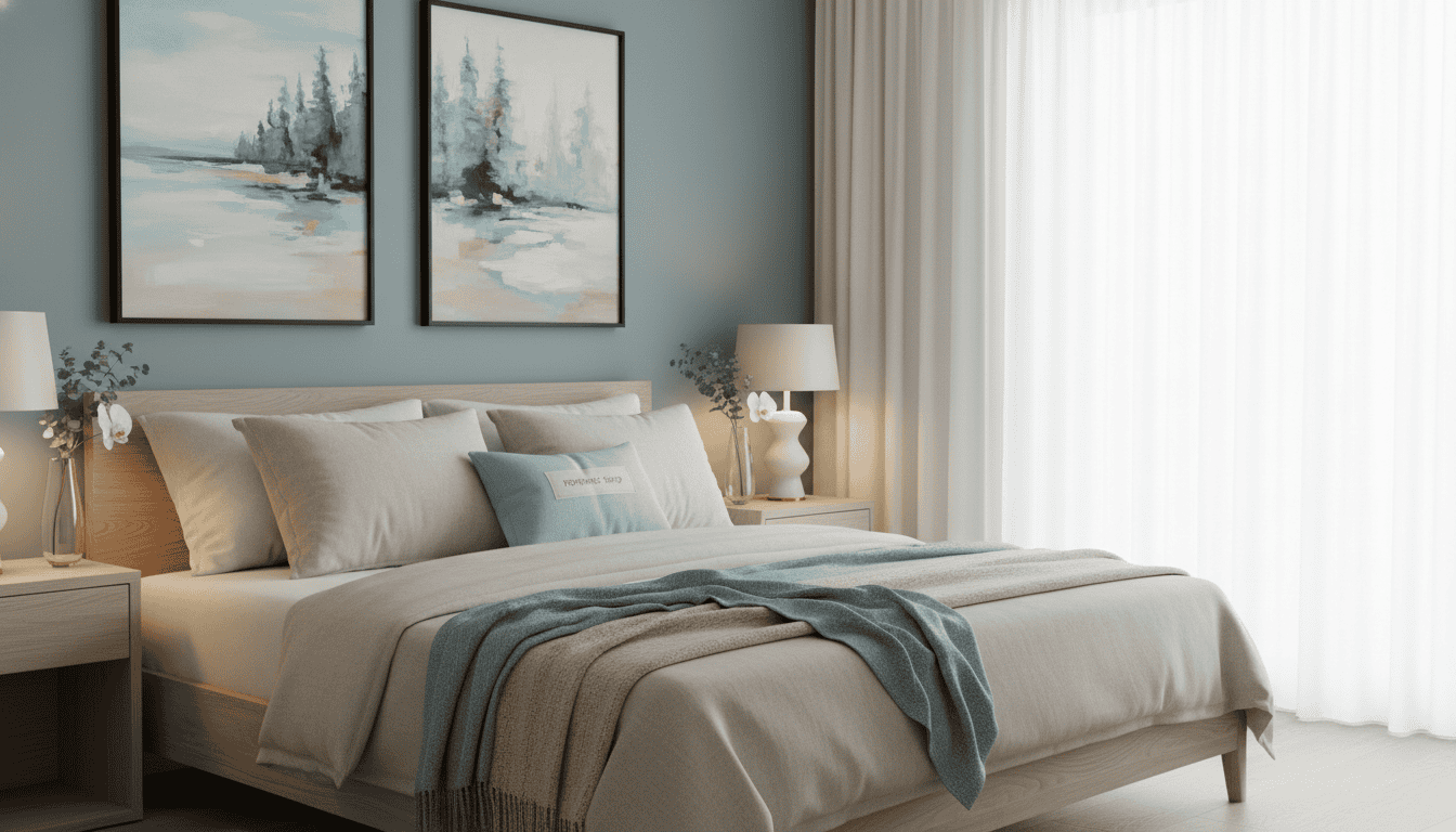 Stylish bedroom with comfortable bed, soft linens, and calming artwork for a relaxing atmosphere.