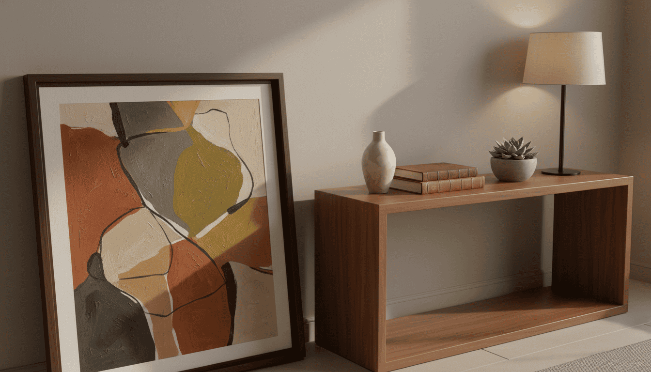 Abstract wall art with earthy tones in a wooden frame, leaning against a wall.