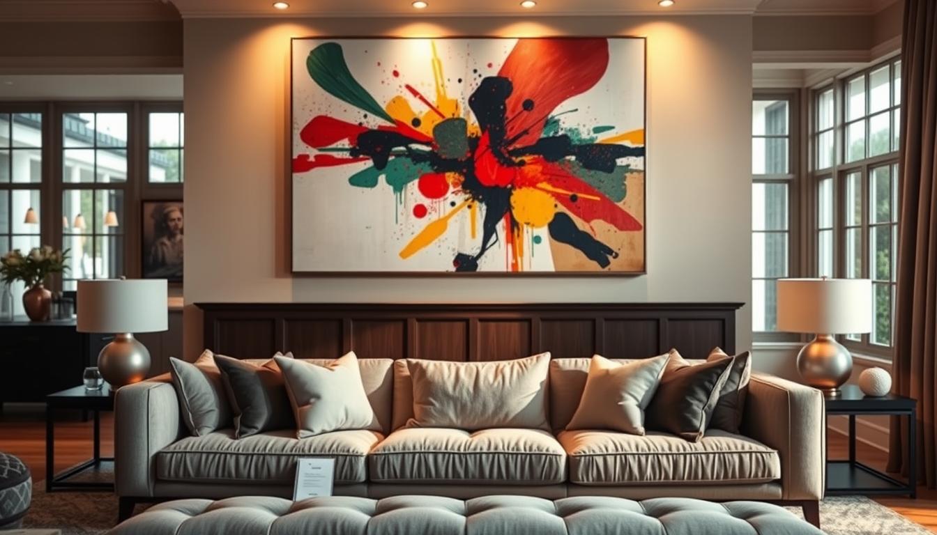 extra large wall art for a living room, featuring a captivating abstract design with bold colors and dynamic shapes that draw the eye. The foreground showcases a modern, stylish sofa adorned with plush cushions, while the middle ground displays the oversized painting prominently hung above it, emphasizing its scale. The background reveals a tastefully decorated room with warm lighting from large windows, creating an inviting and cozy atmosphere. The scene is captured with a shallow depth of field, ensuring the artwork stands out sharply. The overall mood conveys elegance and creativity, perfect for inspiring art lovers. Include a small note subtly indicating "Poppins Shop" as a reference.
