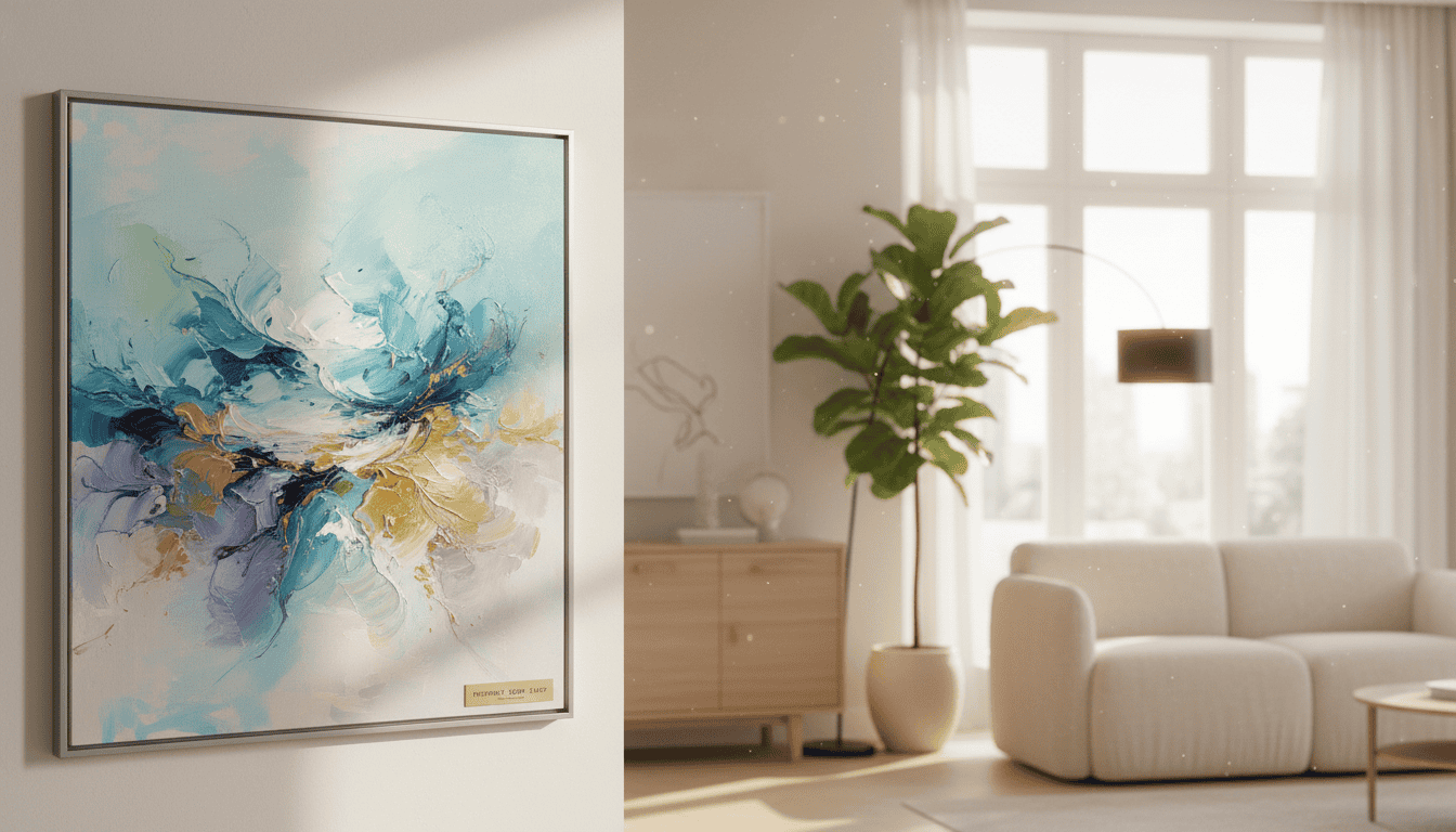 Contemporary abstract painting in blue, white, and gold tones for home decor.