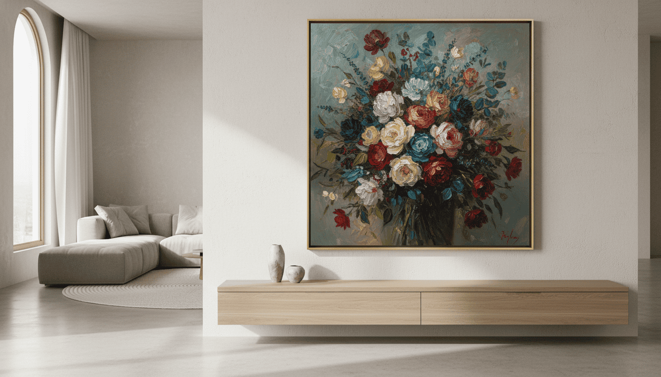 Elegant living room with modern furniture and a large floral painting.