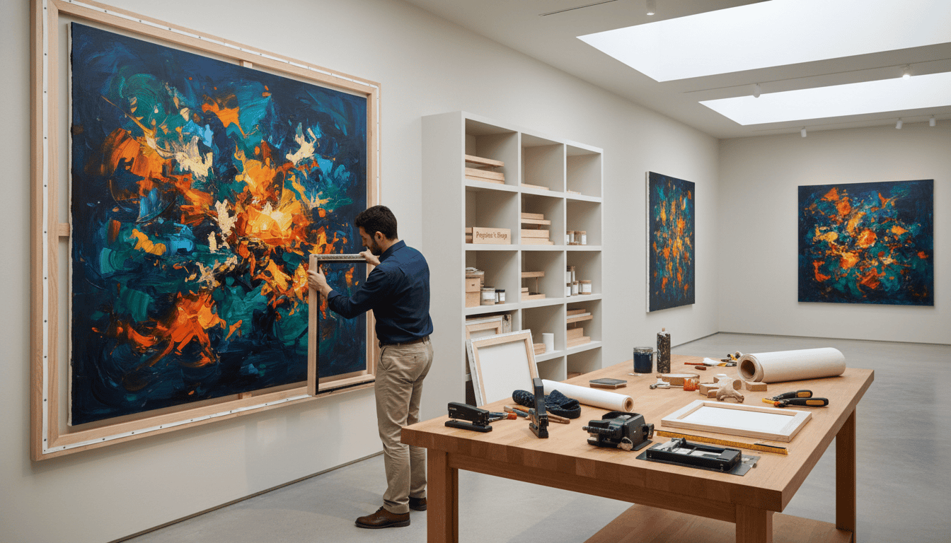 Art gallery curator inspecting an abstract painting in a modern art gallery.