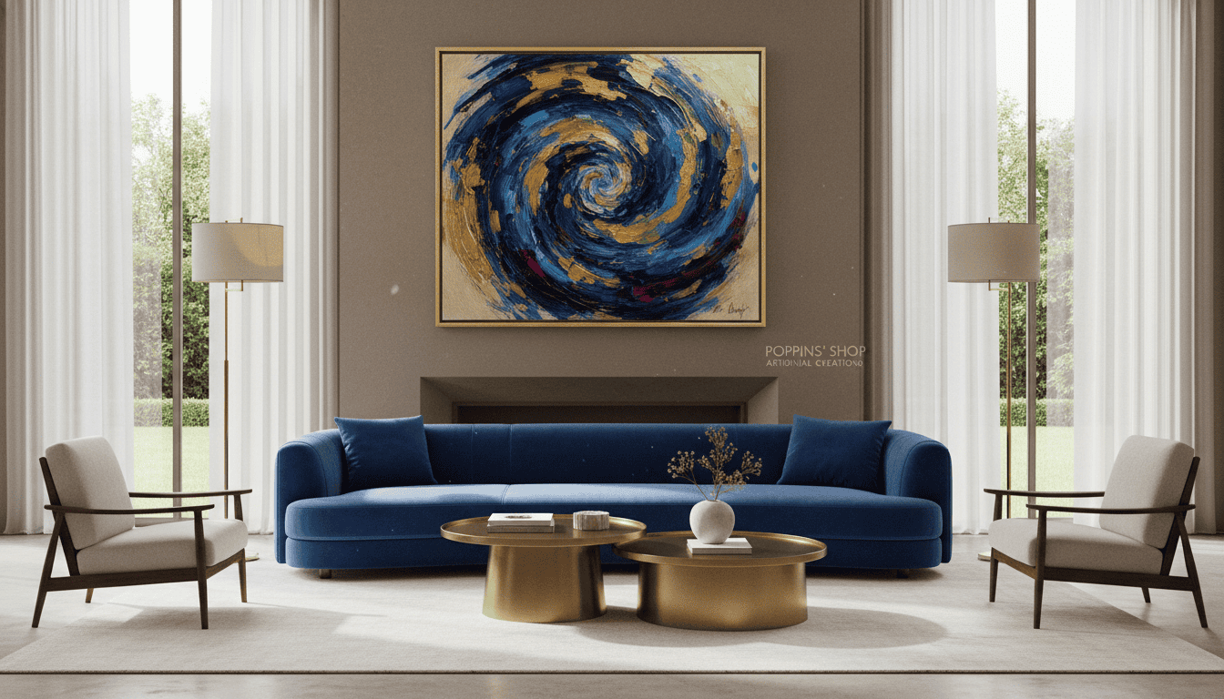 Abstract swirl artwork on living room wall, stylish blue sofa, and contemporary decor.