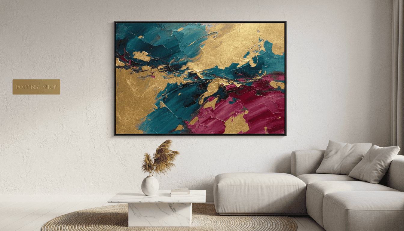 Abstract wall art with bold blue, gold, and red brushstrokes for contemporary home decor.