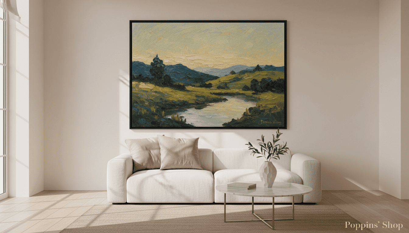 Elegant living room featuring a large landscape painting above a white sofa.