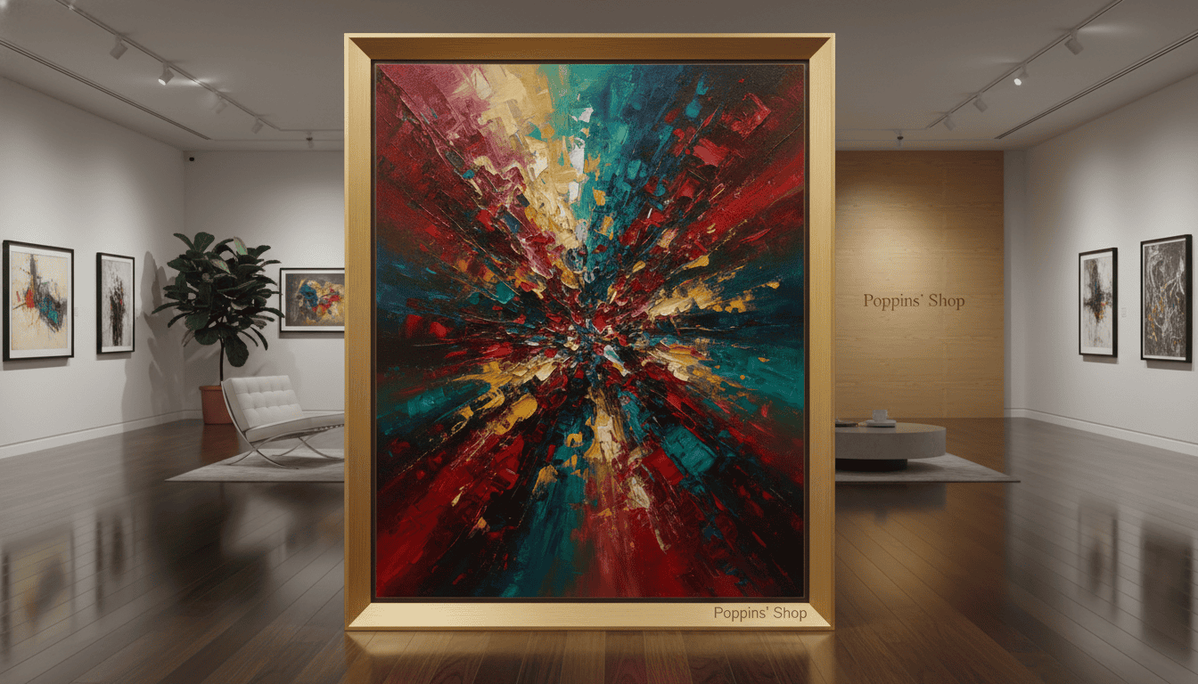 Colorful abstract painting with bold reds, blues, and yellows displayed in an art gallery.