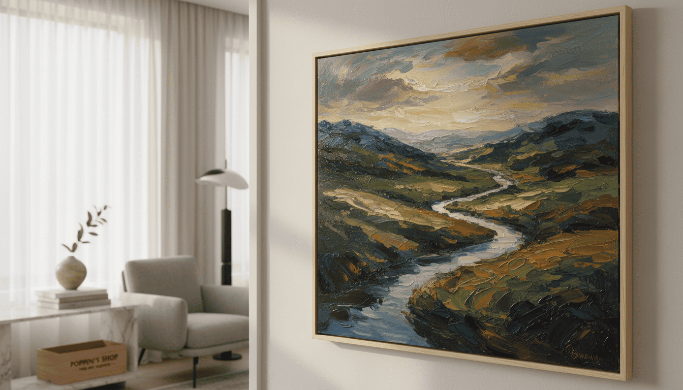 Beautiful landscape painting of mountains and river, perfect for home decor.