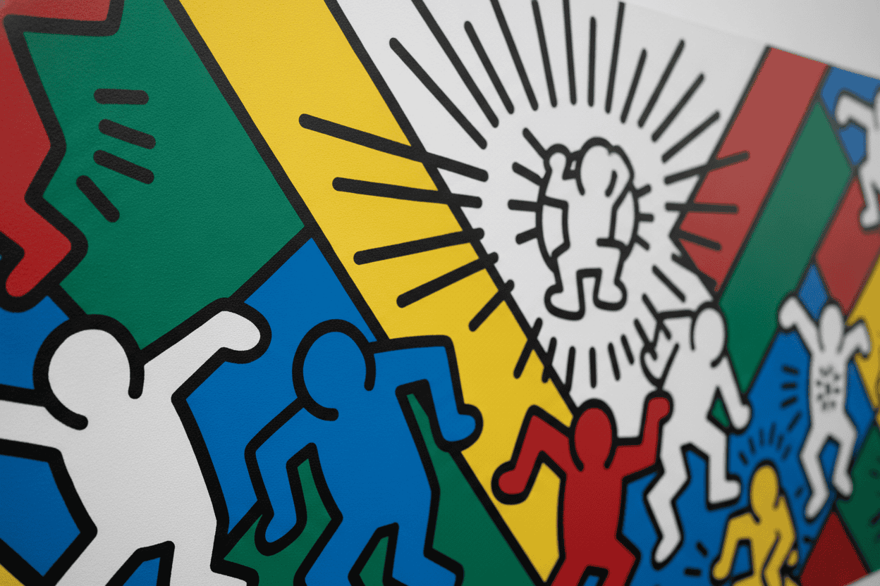 Close-up detail of Keith Haring's signature bold black outlines and radiant lines
