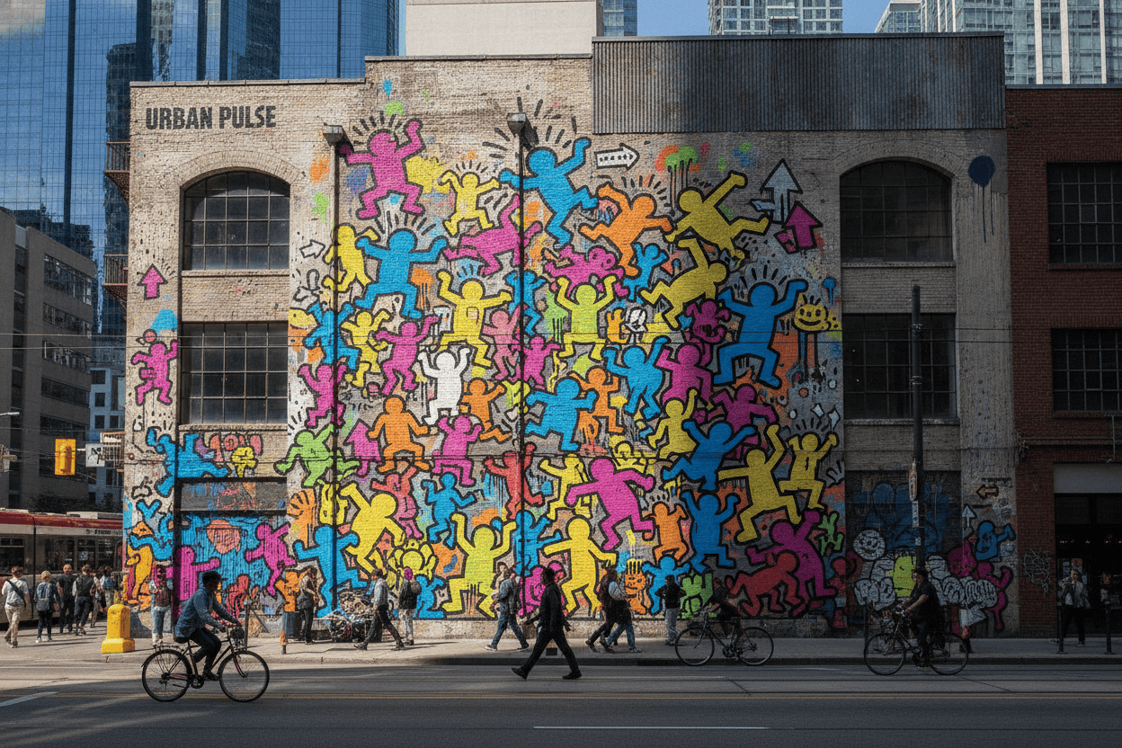 Contemporary street art mural clearly influenced by Keith Haring's bold line work and symbolic figures