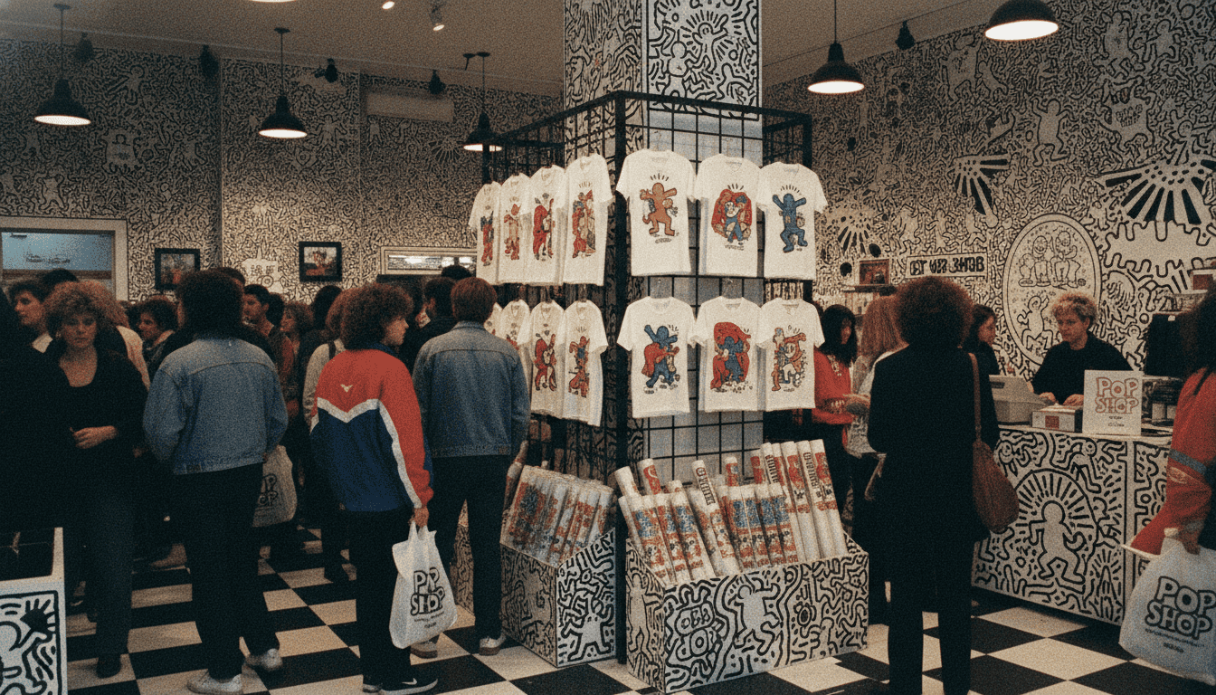 People browsing colorful T-shirts and art prints at Poppins Shop.
