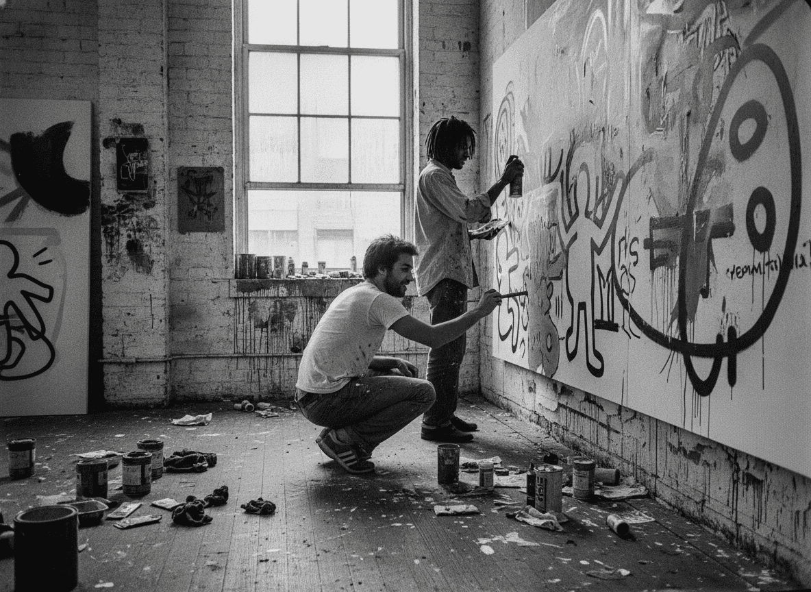 Artists creating graffiti art on a large wall in an industrial space.