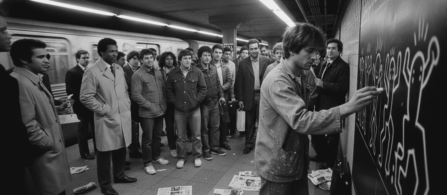 Keith Haring creating chalk drawings on black subway panels with commuters watching