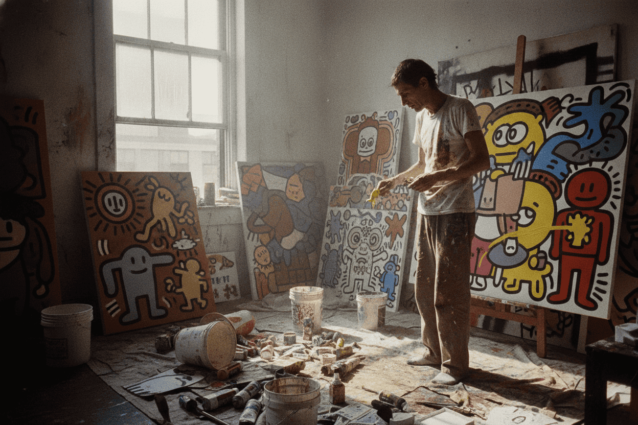Keith Haring in his studio during final years surrounded by artwork and painting supplies