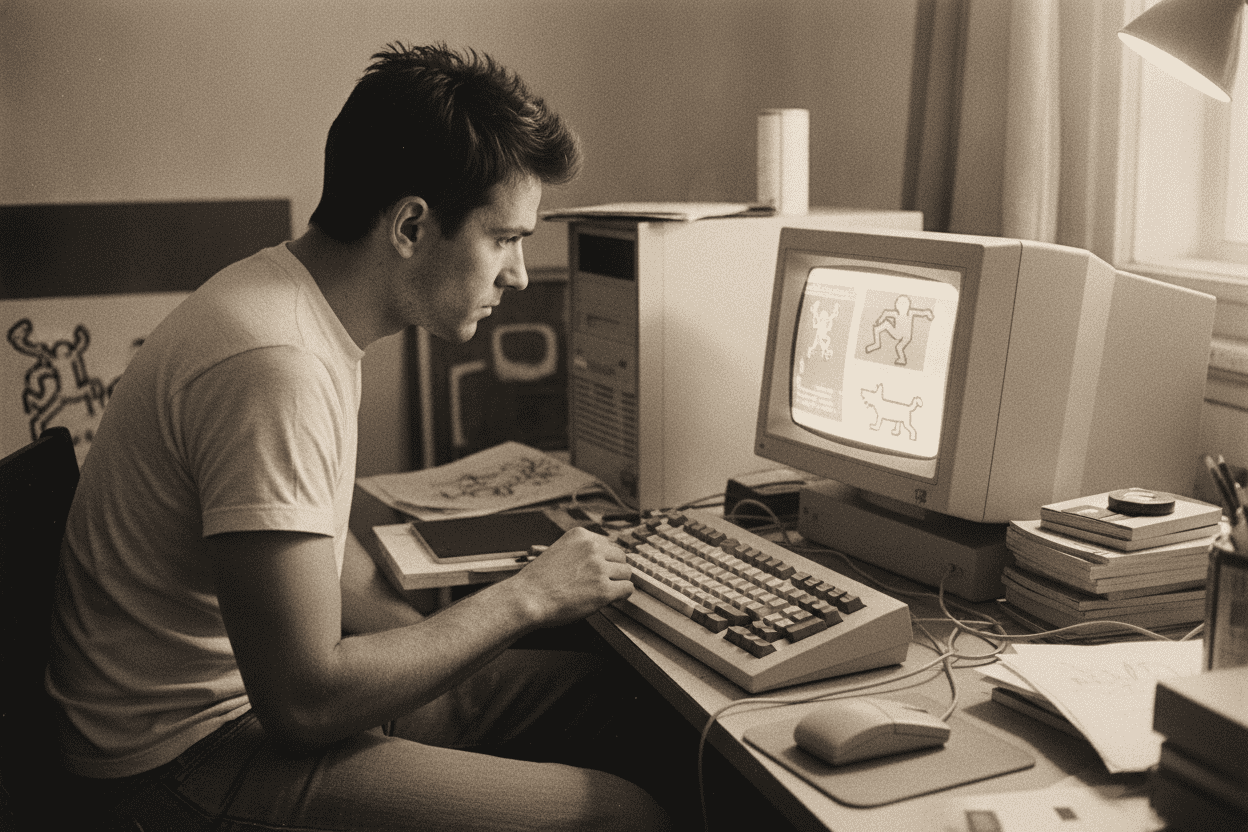 Young man using an old computer with colorful digital art on screen.