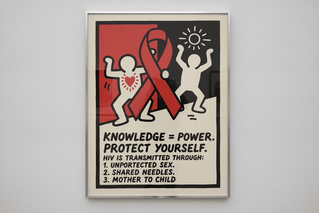 Keith Haring inspired HIV awareness poster with red ribbon and dancing figures.