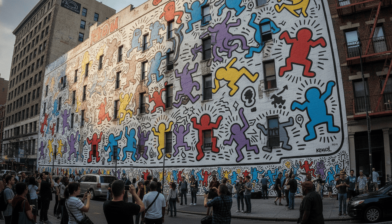 Keith Haring's massive colorful public mural covering an entire building wall