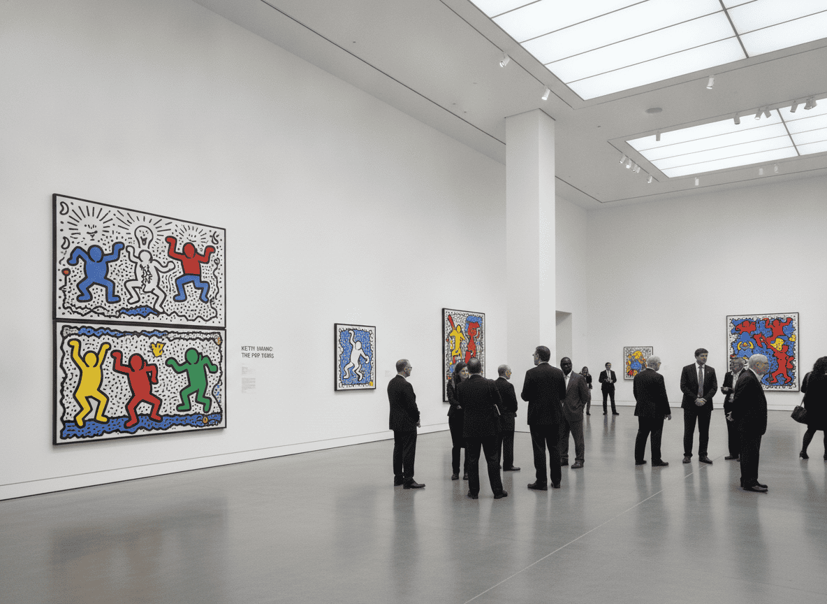 Museum gallery wall displaying Keith Haring paintings in formal exhibition setting