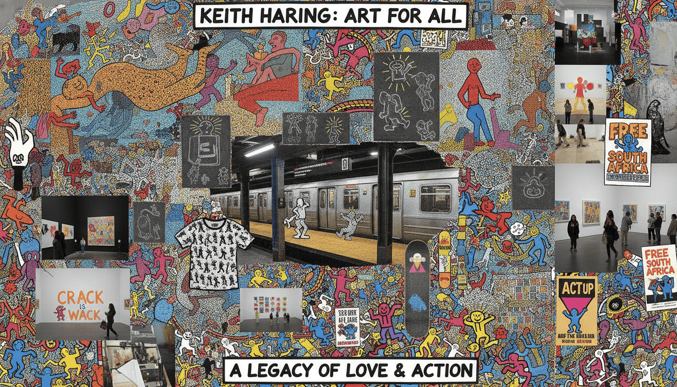 Panoramic view of Keith Haring's artistic legacy showing multiple works and cultural impact