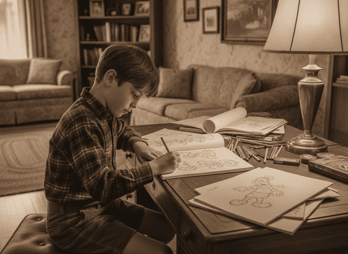 Young Keith Haring drawing cartoon characters in a Pennsylvania home during the 1960s